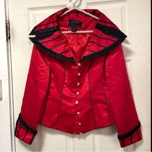 AS-HRO Red Satin Black Sequin Jacket Oversized Collar Rhinestone Buttons Size 8